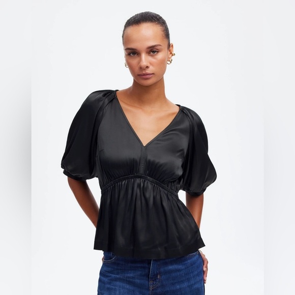 NWT Madewell Black Shirred Puff-Sleeve Top in Satin, Size Small - Picture 1 of 14